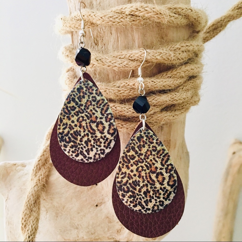 Handmade Leather leopard print earrings